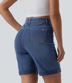 High Waisted Tummy Control Rolled Hem Washed Denim Casual Shorts with Pockets — Estate Blue Denim — view 2