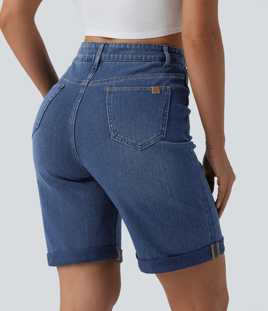 High Waisted Tummy Control Rolled Hem Washed Denim Casual Shorts with Pockets — Estate Blue Denim — view 5