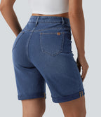 High Waisted Tummy Control Rolled Hem Washed Denim Casual Shorts with Pockets — Estate Blue Denim — view 5
