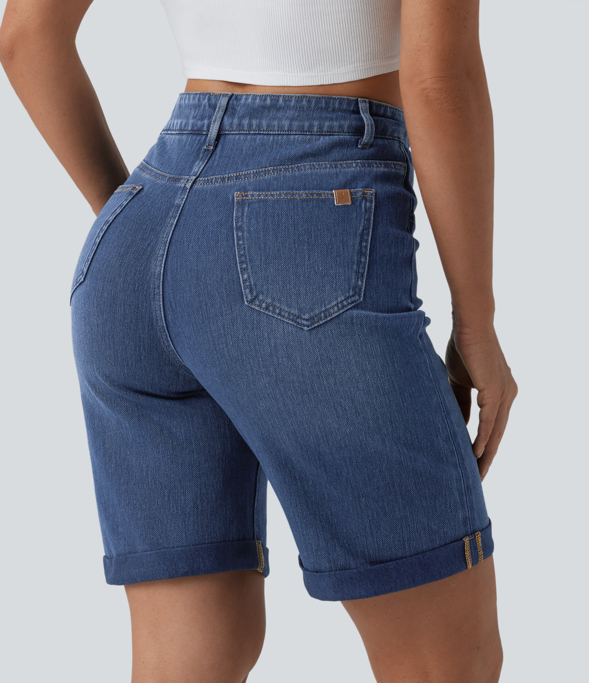 High Waisted Tummy Control Rolled Hem Washed Denim Casual Shorts with Pockets — Estate Blue Denim — view 5