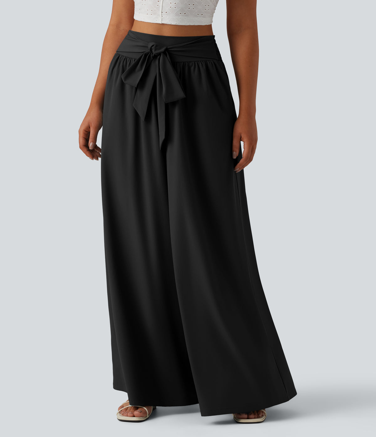High Waisted Shirred Tie Front Flowy Quick Dry Trousers with Pockets — Black — view 1