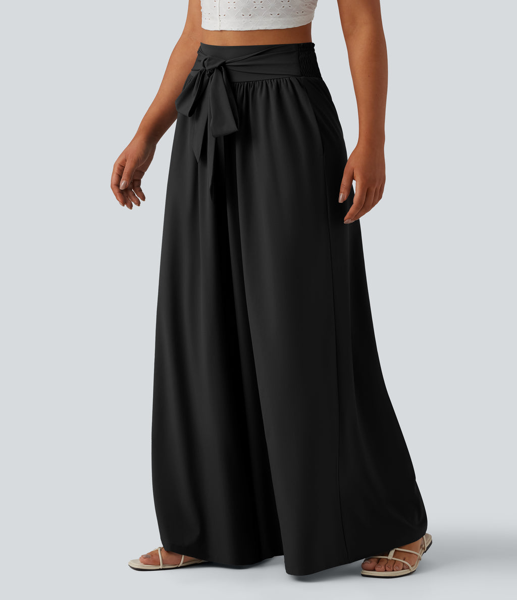 High Waisted Shirred Tie Front Flowy Quick Dry Trousers with Pockets — Black — view 3