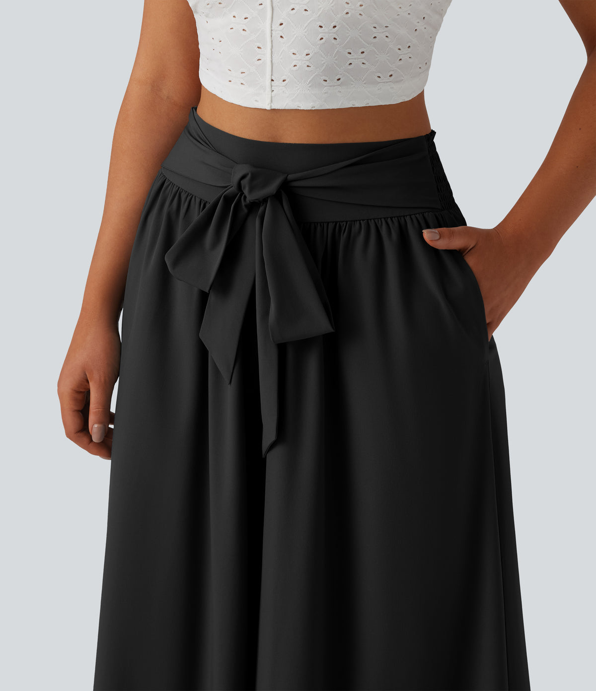 High Waisted Shirred Tie Front Flowy Quick Dry Trousers with Pockets — Black — view 6
