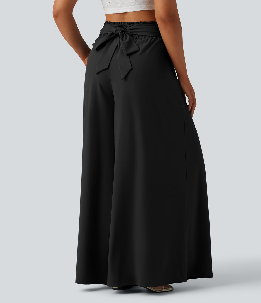 High Waisted Shirred Tie Front Flowy Quick Dry Trousers with Pockets — Black — view 4
