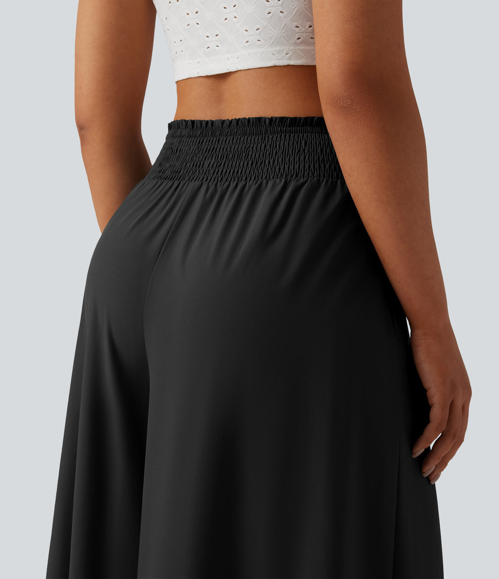 High Waisted Shirred Tie Front Flowy Quick Dry Trousers with Pockets — Black — view 5