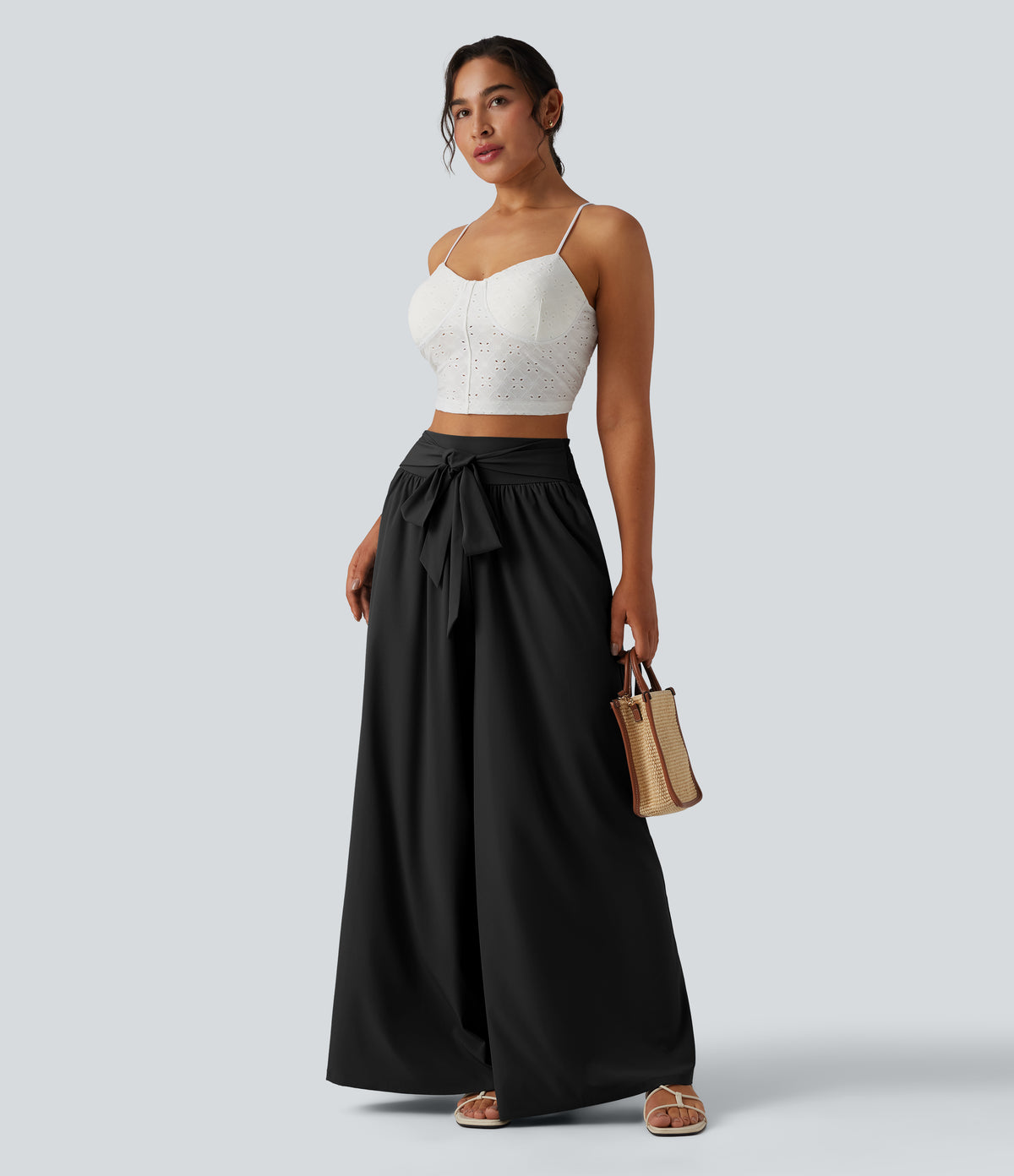 High Waisted Shirred Tie Front Flowy Quick Dry Trousers with Pockets — Black — view 7