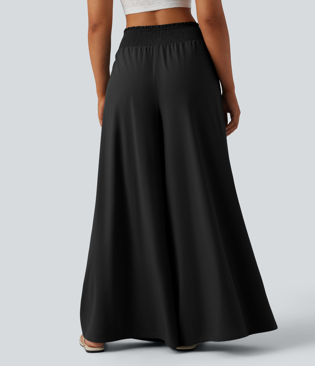 High Waisted Shirred Tie Front Flowy Quick Dry Trousers with Pockets — Black — view 2