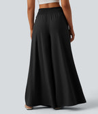 High Waisted Shirred Tie Front Flowy Quick Dry Trousers with Pockets — Black — view 2
