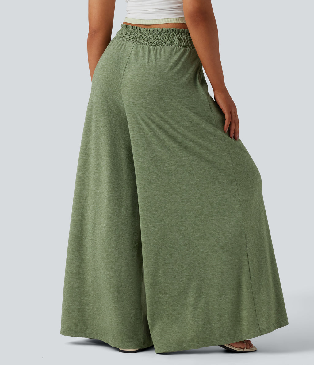 High Waisted Shirred Flowy Trousers with Pockets — Light Green Floral Yarn — view 2