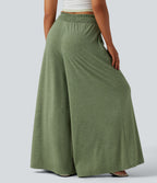 High Waisted Shirred Flowy Trousers with Pockets — Light Green Floral Yarn — view 2
