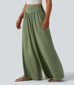 High Waisted Shirred Flowy Trousers with Pockets — Light Green Floral Yarn — view 3