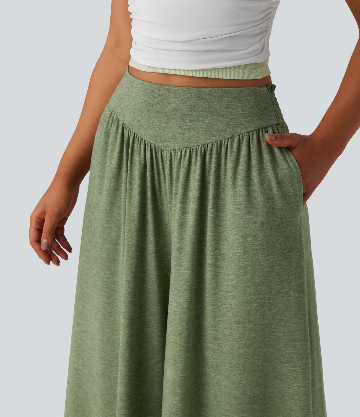 High Waisted Shirred Flowy Trousers with Pockets — Light Green Floral Yarn — view 5