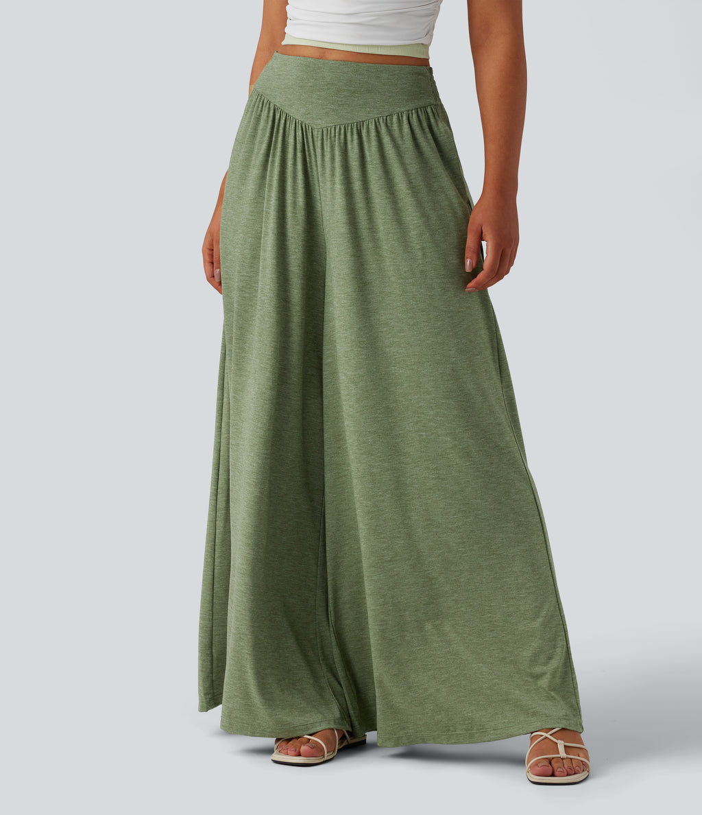 High Waisted Shirred Flowy Trousers with Pockets — Light Green Floral Yarn — view 1