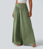 High Waisted Shirred Flowy Trousers with Pockets — Light Green Floral Yarn — view 1
