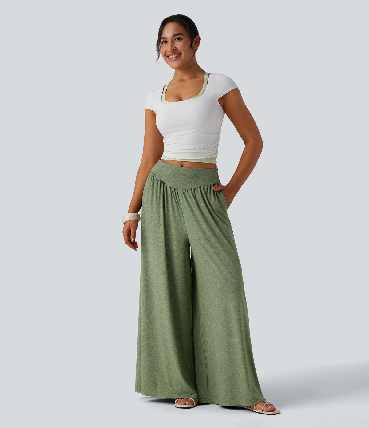 High Waisted Shirred Flowy Trousers with Pockets — Light Green Floral Yarn — view 6