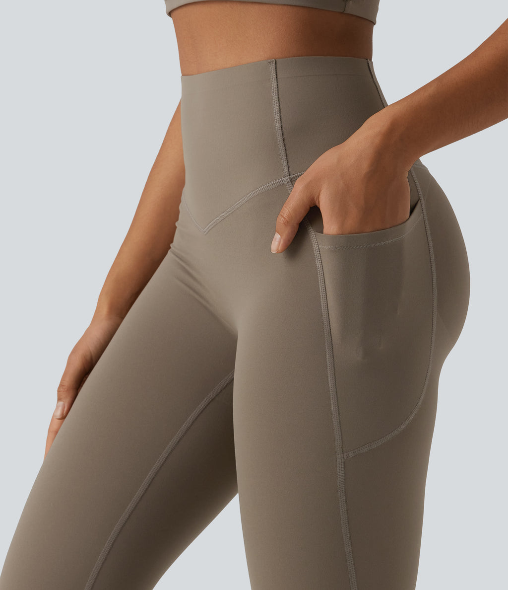 High Waisted Butt Lifting Tummy Control Bootcut Yoga Leggings with Pockets — Dawn Brown — view 4