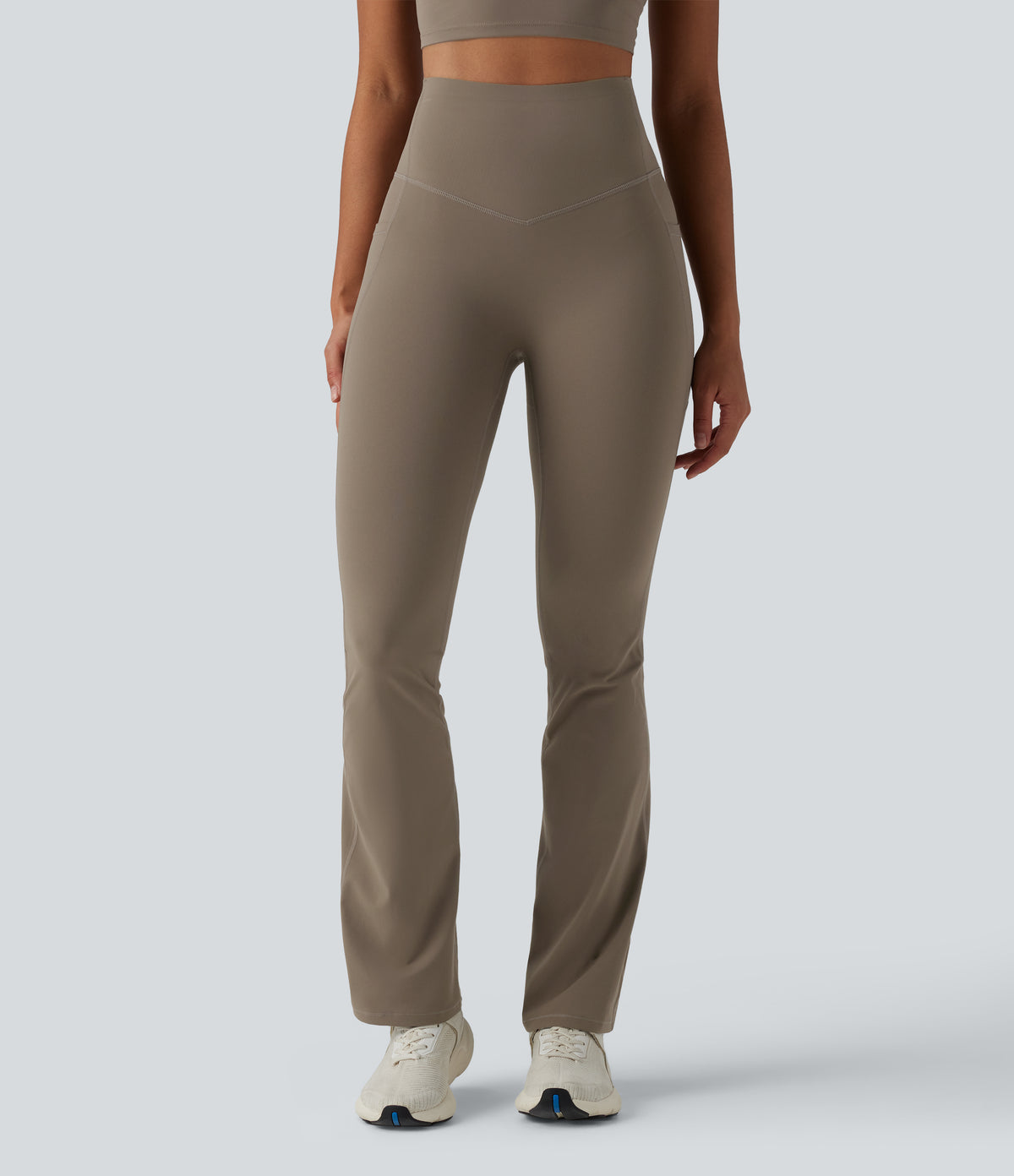 High Waisted Butt Lifting Tummy Control Bootcut Yoga Leggings with Pockets — Dawn Brown — view 3