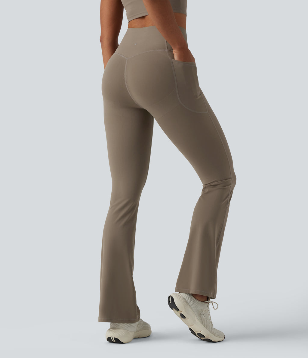 High Waisted Butt Lifting Tummy Control Bootcut Yoga Leggings with Pockets — Dawn Brown — view 2