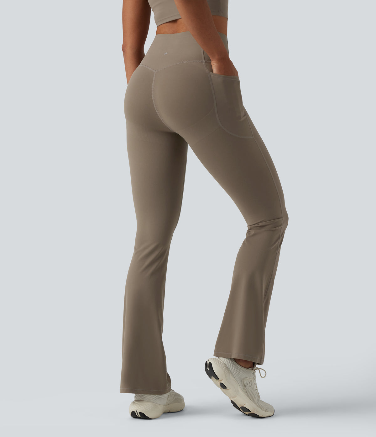 High Waisted Butt Lifting Tummy Control Bootcut Yoga Leggings with Pockets — Dawn Brown — view 2