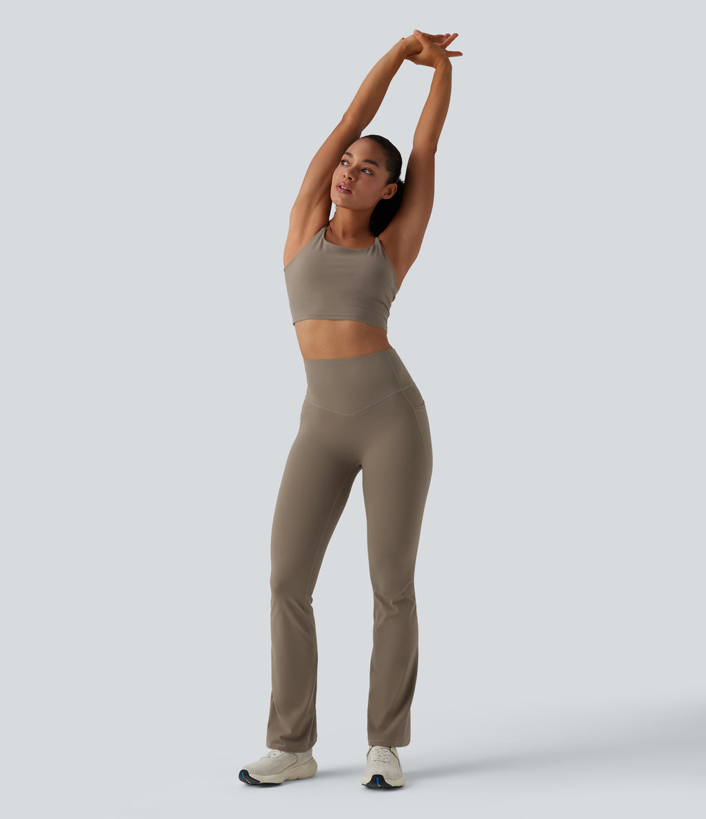 High Waisted Butt Lifting Tummy Control Bootcut Yoga Leggings with Pockets — Dawn Brown — view 6
