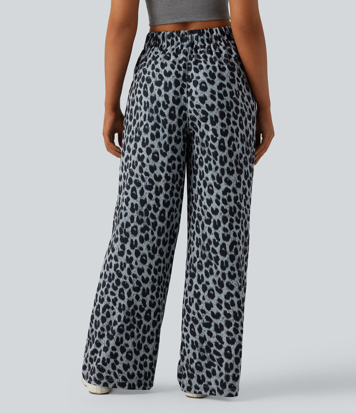 High Waisted Wide Leg Leopard Print Waffle Casual Trousers with Pockets — Frosted Panther — view 2