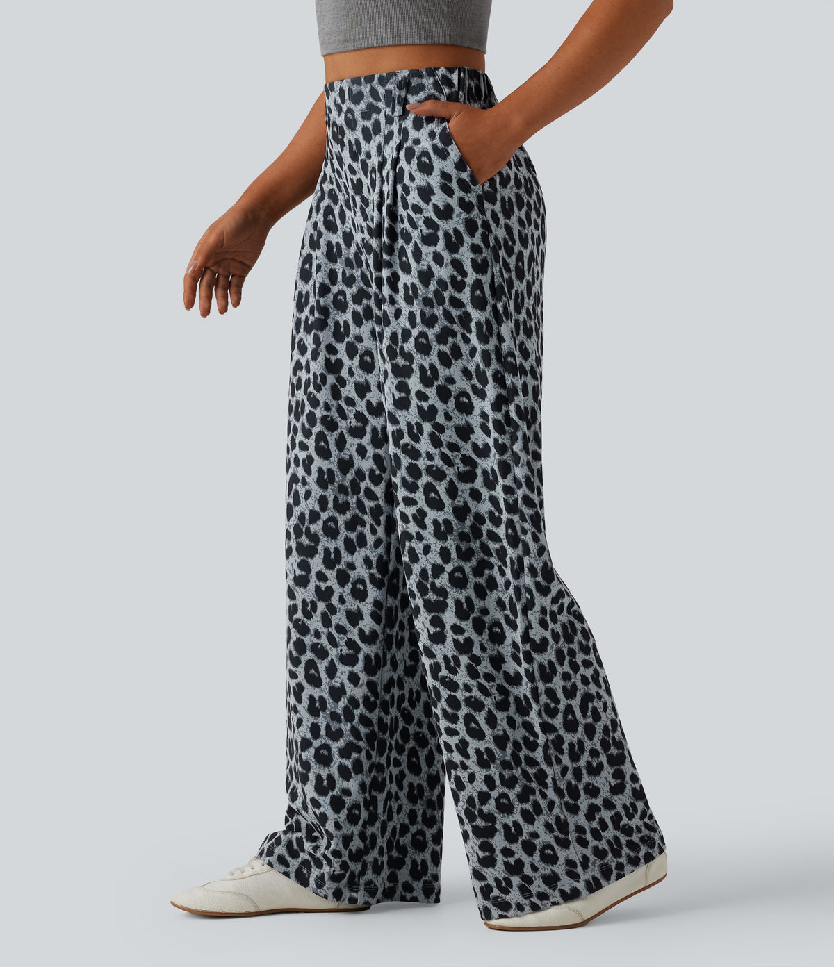 High Waisted Wide Leg Leopard Print Waffle Casual Trousers with Pockets — Frosted Panther — view 1