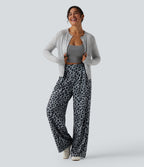 High Waisted Wide Leg Leopard Print Waffle Casual Trousers with Pockets — Frosted Panther — view 6