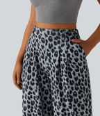 High Waisted Wide Leg Leopard Print Waffle Casual Trousers with Pockets — Frosted Panther — view 4