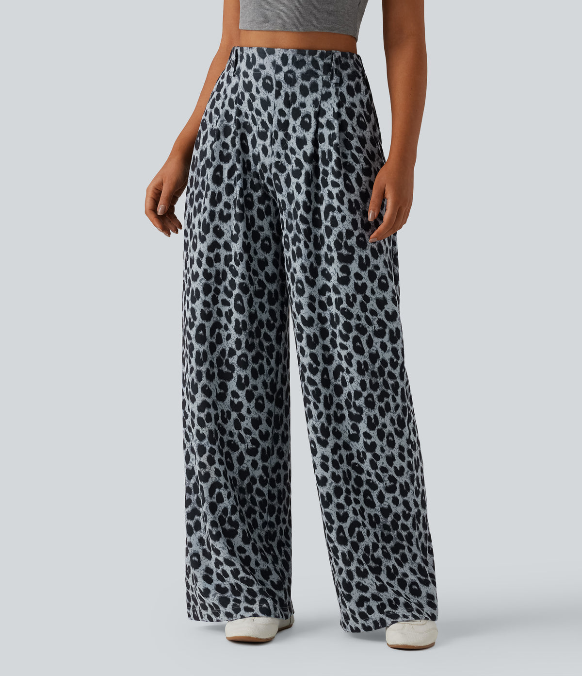 High Waisted Wide Leg Leopard Print Waffle Casual Trousers with Pockets — Frosted Panther — view 3