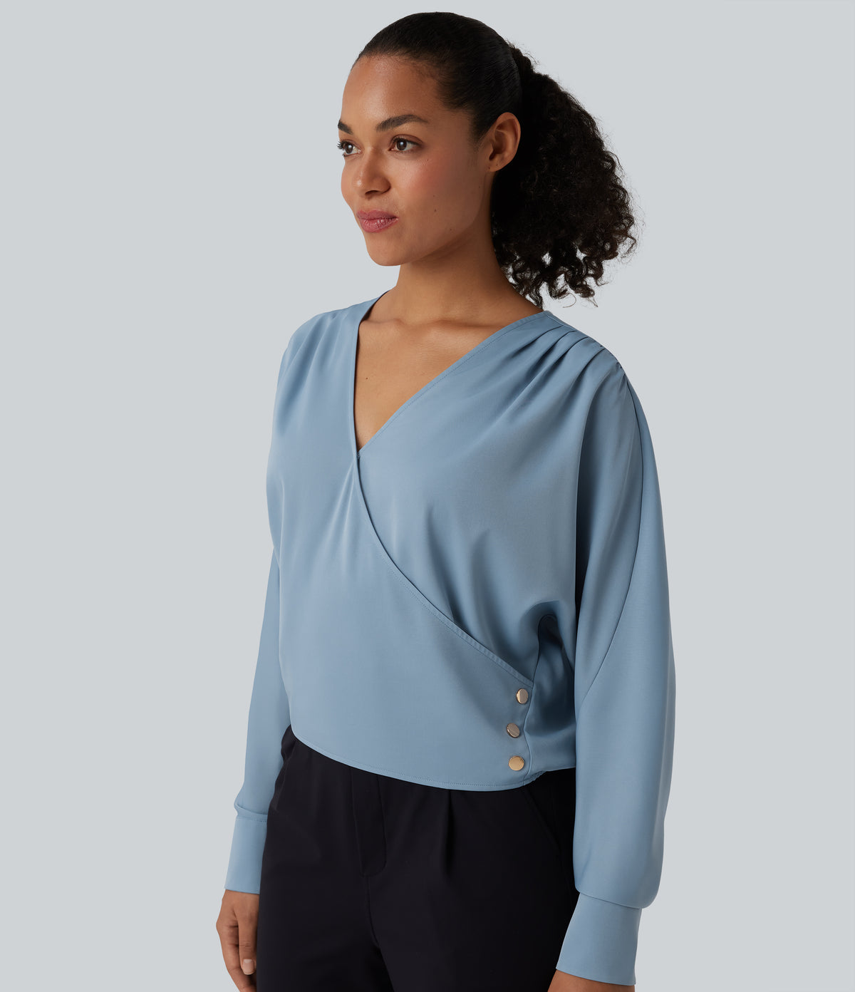 Wrinkle Recovery V Neck Long Sleeve Work Blouse — Mountain Spring — view 4
