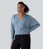 Wrinkle Recovery V Neck Long Sleeve Work Blouse — Mountain Spring — view 1