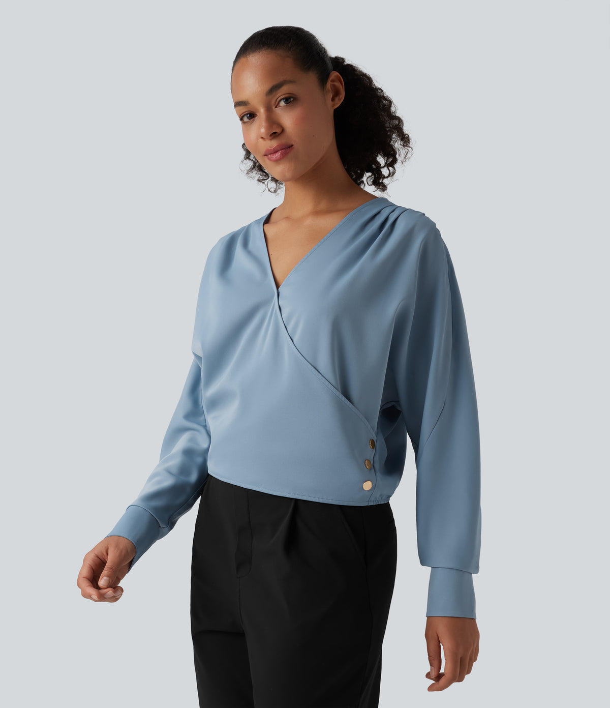 Wrinkle Recovery V Neck Long Sleeve Work Blouse — Mountain Spring — view 3