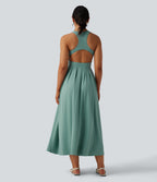 Round Neck Racerback Midi Casual Dress with Pockets — Azure — view 1