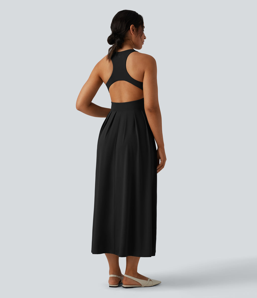 Round Neck Racerback Midi Casual Dress with Pockets — Black — view 6