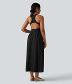 Round Neck Racerback Midi Casual Dress with Pockets — Black — view 6