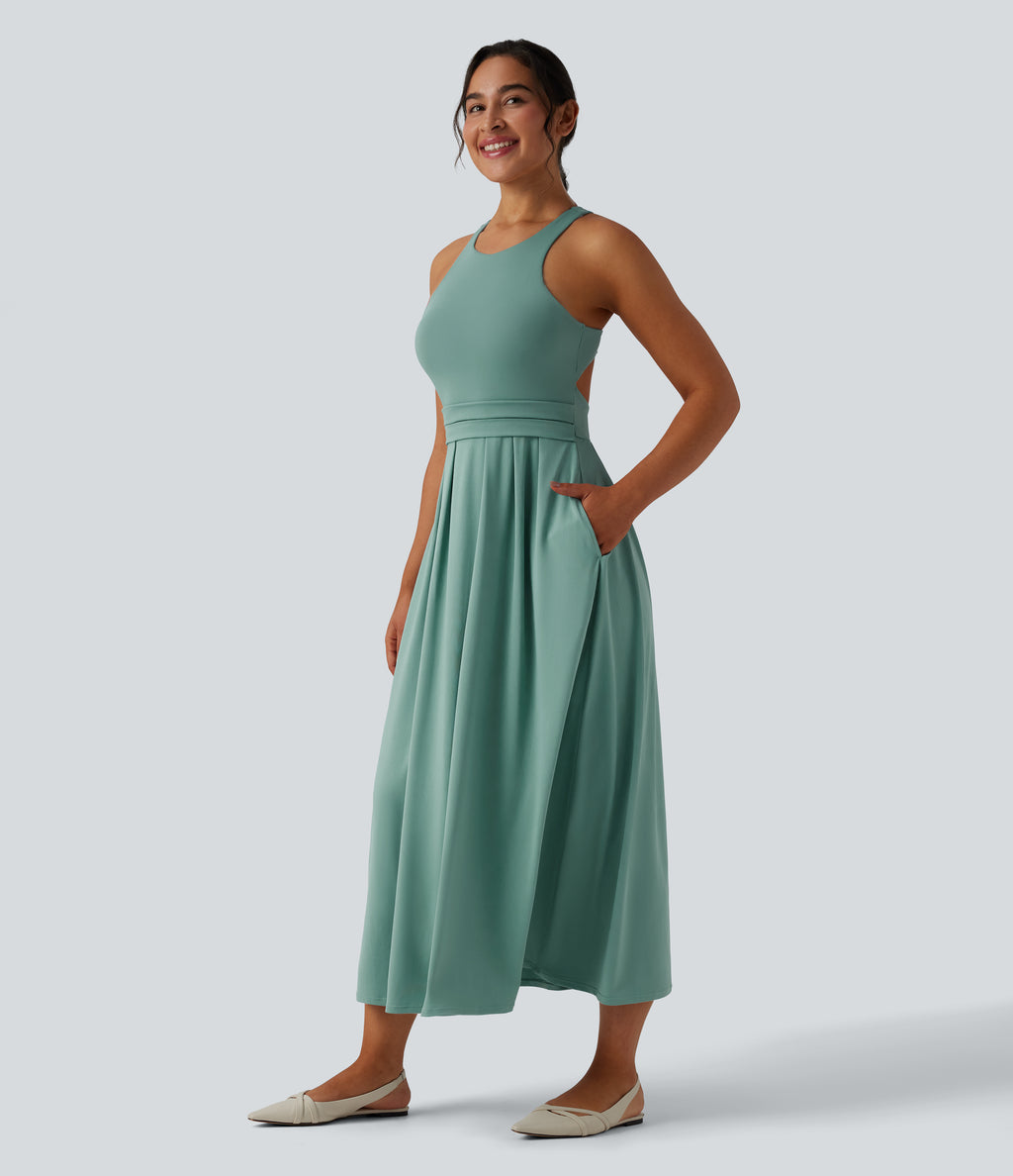 Round Neck Racerback Midi Casual Dress with Pockets — Azure — view 3