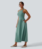 Round Neck Racerback Midi Casual Dress with Pockets — Azure — view 3