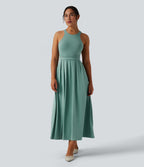 Round Neck Racerback Midi Casual Dress with Pockets — Azure — view 2