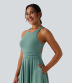 Round Neck Racerback Midi Casual Dress with Pockets — Azure — view 5