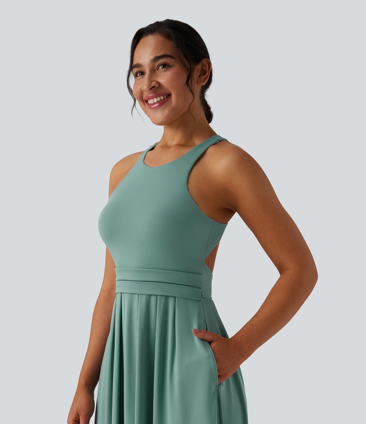 Round Neck Racerback Midi Casual Dress with Pockets — Azure — view 5