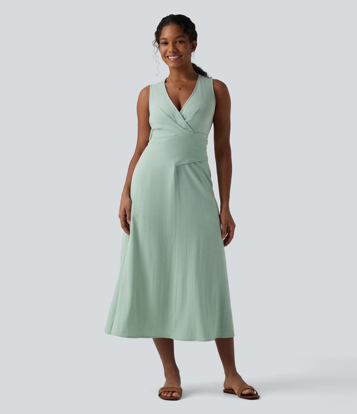 V Neck Sleeveless Tie Back Midi Linen-Feel Dress with Pockets — Neon Green — view 1