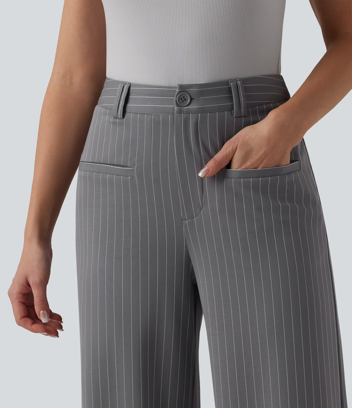 Mid Rise Wide Leg InstantCool Stripe Work Trousers with Pockets — Slate Pinstripe — view 4