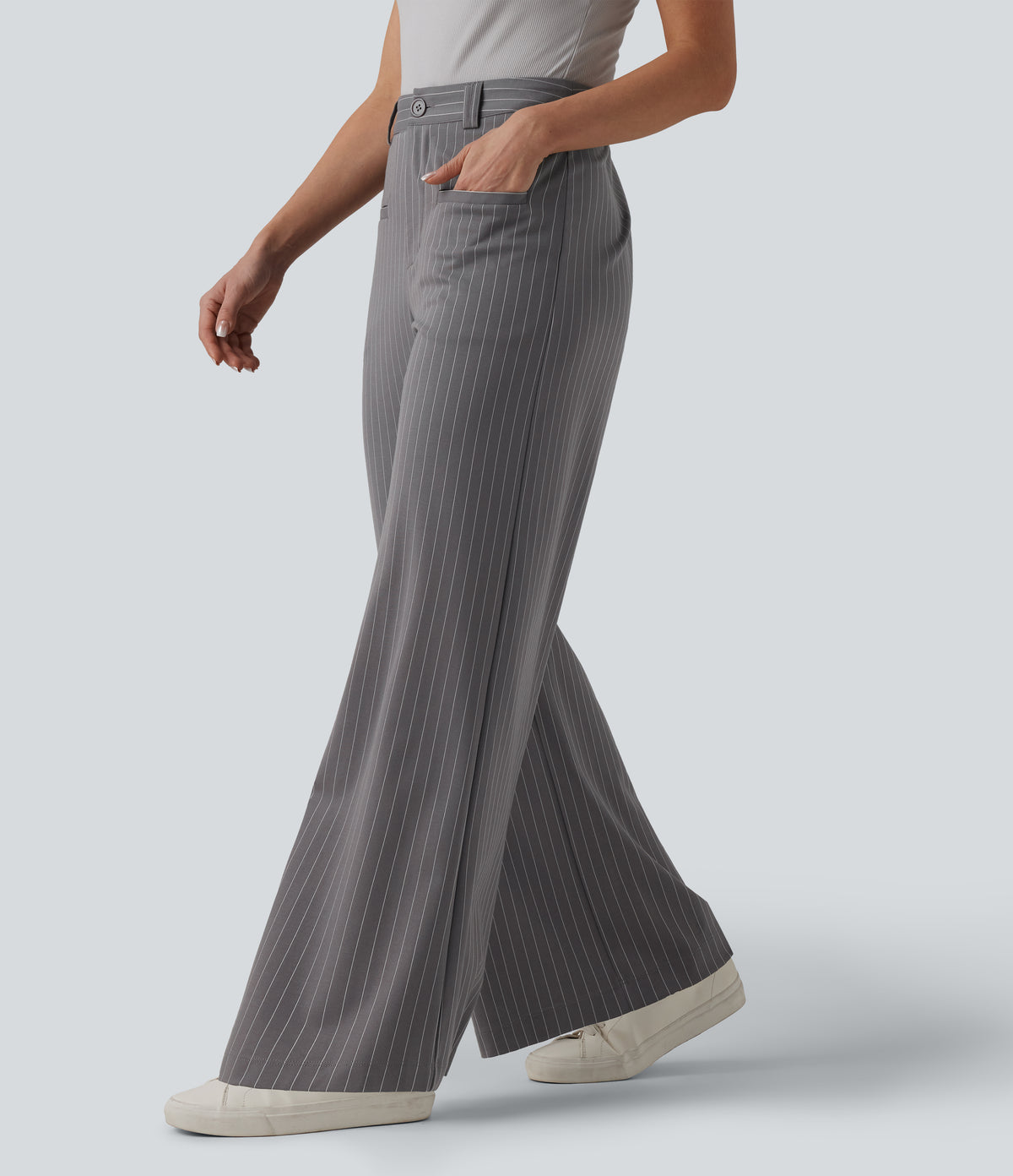 Mid Rise Wide Leg InstantCool Stripe Work Trousers with Pockets — Slate Pinstripe — view 3