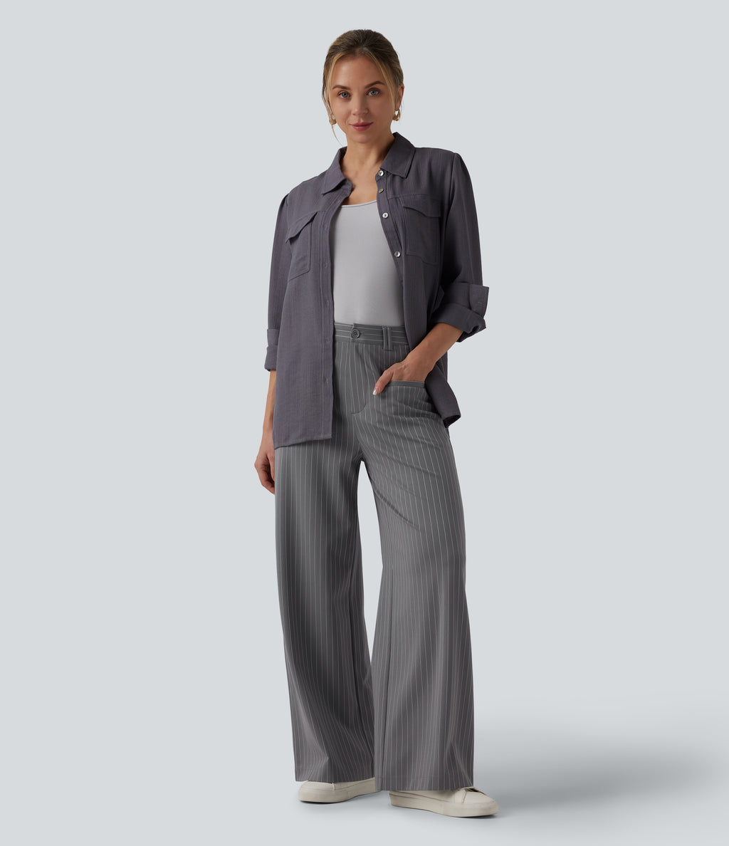 Mid Rise Wide Leg InstantCool Stripe Work Trousers with Pockets — Slate Pinstripe — view 7