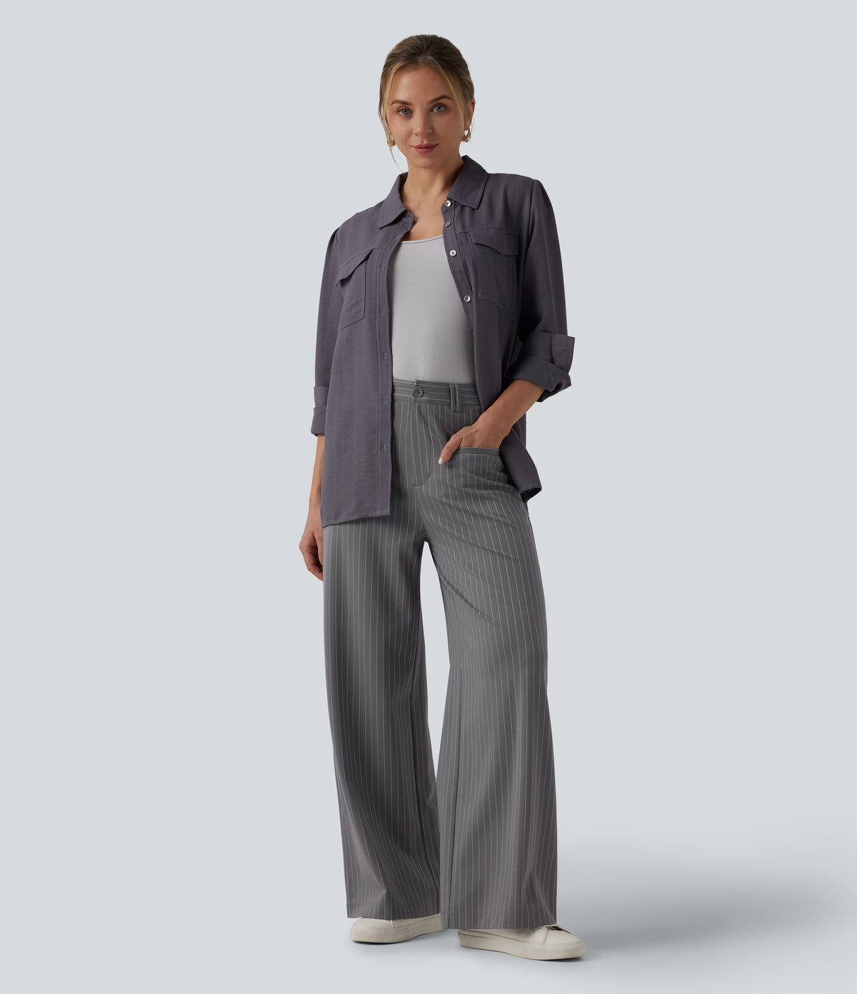 Mid Rise Wide Leg InstantCool Stripe Work Trousers with Pockets — Slate Pinstripe — view 7