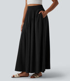 High Waisted Flowy Quick Dry Maxi Casual Skirt with Pockets — Black — view 6