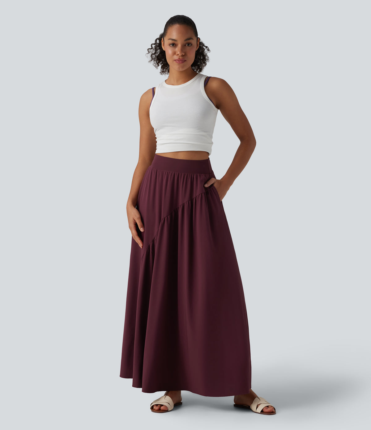 High Waisted Flowy Quick Dry Maxi Casual Skirt with Pockets — Amaranth — view 5