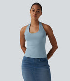 Ribbed Knit Halter Casual Tank Top — Forget-Me-Not — view 2
