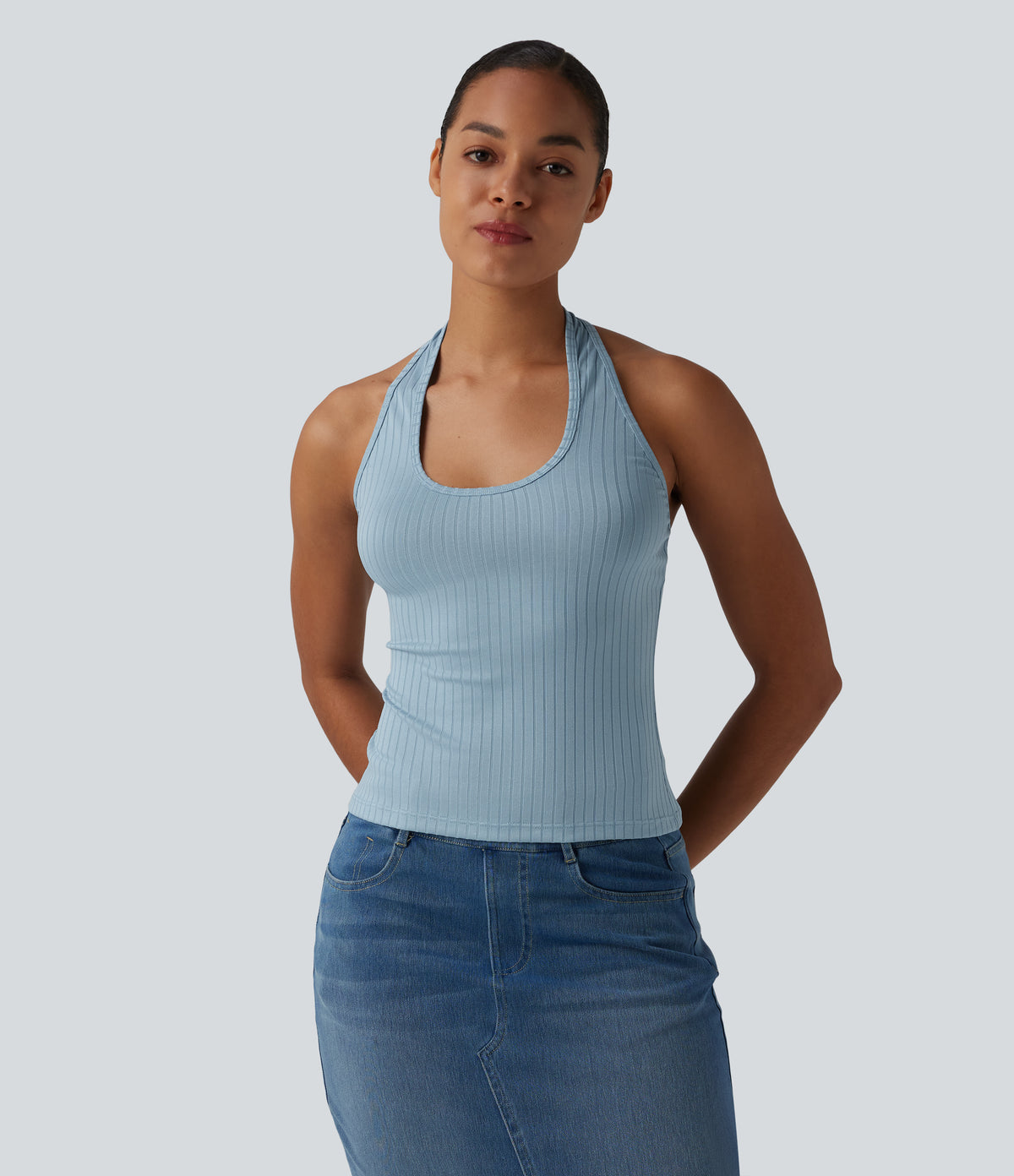 Ribbed Knit Halter Casual Tank Top — Forget-Me-Not — view 2