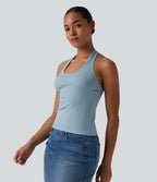 Ribbed Knit Halter Casual Tank Top — Forget-Me-Not — view 3